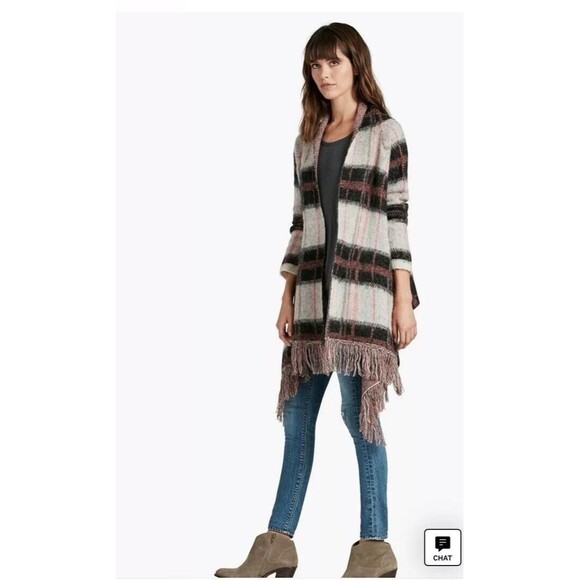 Lucky Brand Size Large Wool Mohair Blend Sweater Woman’s Pink Plaid Cardigan - Picture 1 of 11